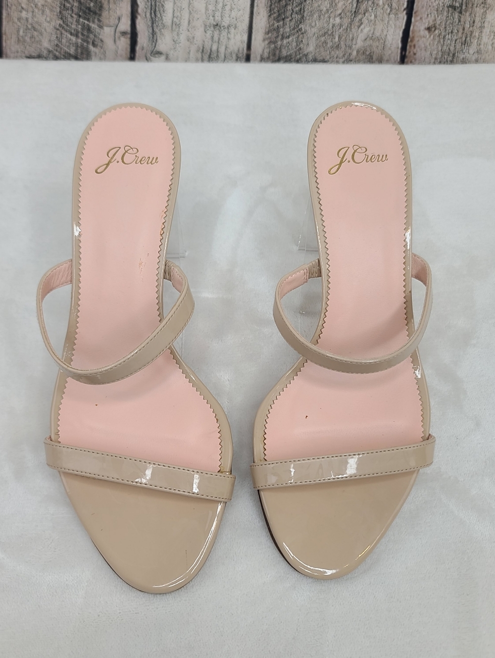 J Crew Classic Minimalist Strappy Open Patent Leather Kitten Heel Sandals Nude